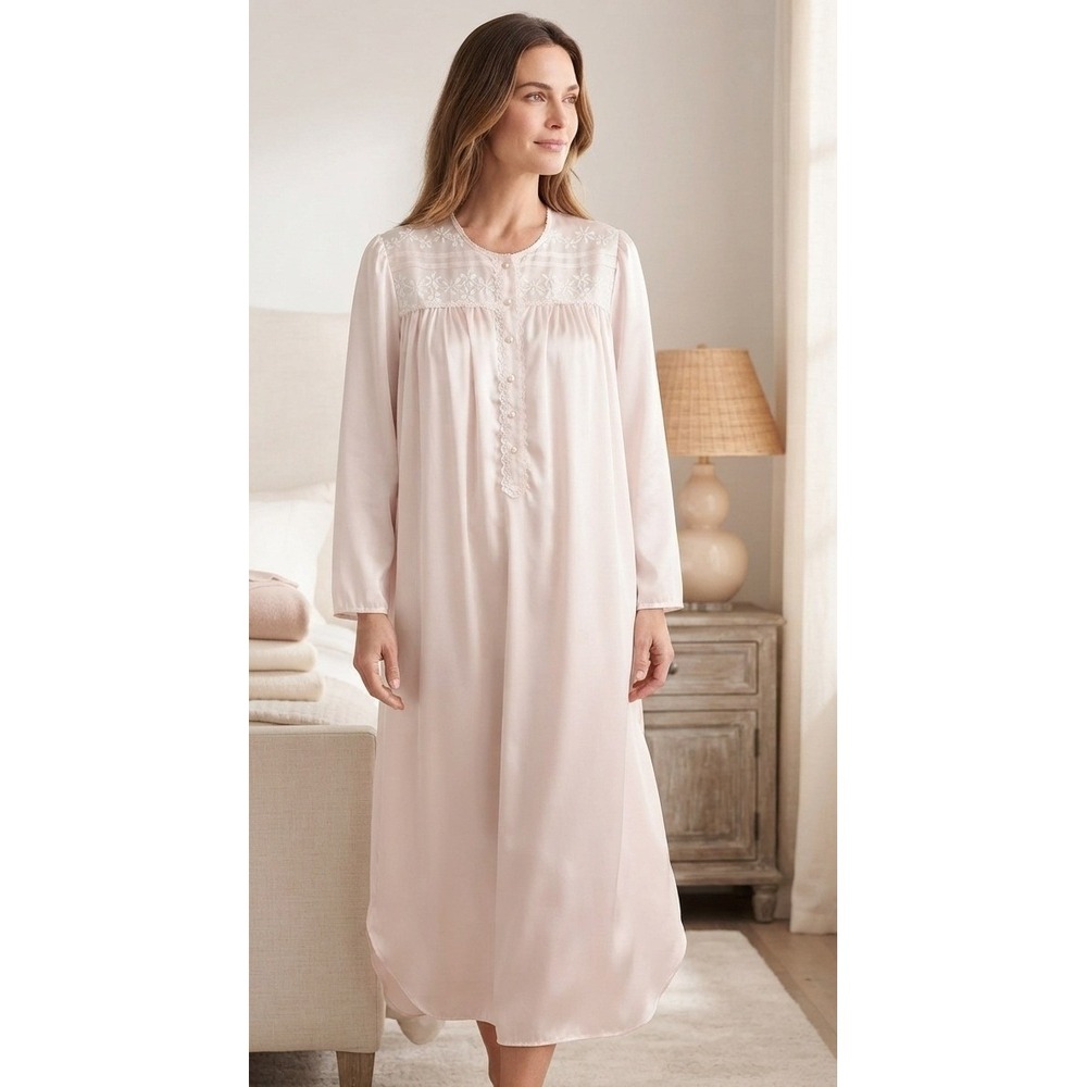 Talbots Floral Embroidered Long Sleeve Nightgown Women's M Pink Cotton Prairie